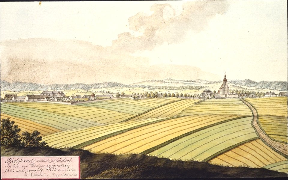 Bielohrad (deutsch) Neudorf, Bidczower Kreises, aufgenommen 1804, und gemahlt 1813 von Joann Venuto v. Berg Switschin