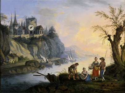 Biedermeier-Bilderuhr Personengruppe am Ufer c1830-40