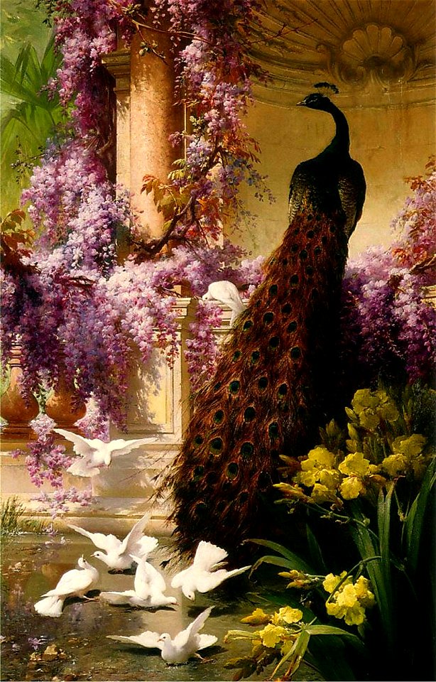 Bidau, Eugene - A Peacock and Doves in a Garden - 1888