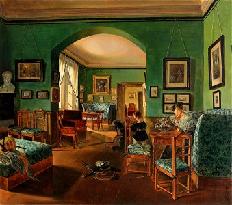 Biedermeierinterieur mit Mutter und Kind