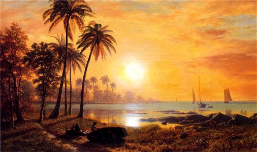 Bierstadt Albert Tropical Landscape with Fishing Boats in Bay