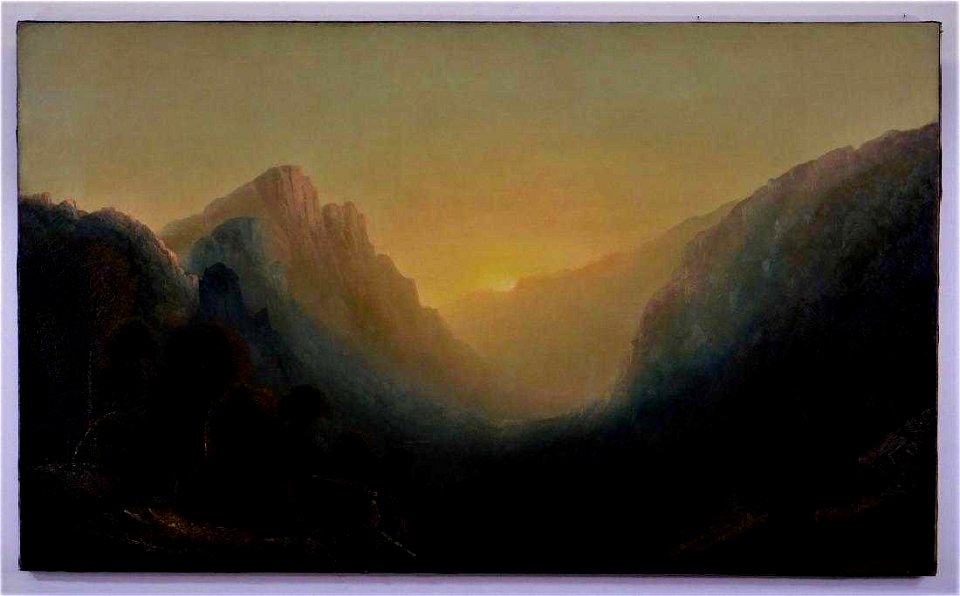 Oil landscape painting depiction of Yosemite Valley, Calif. attributed to Albert Bierstadt