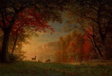 Indian Sunset Deer by a Lake by Albert Bierstadt. Free illustration for personal and commercial use.