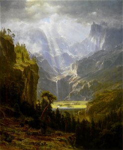 The Rocky Mountains, Lander's Peak (Albert Bierstadt), 1863 (oil on linen - scan). Free illustration for personal and commercial use.