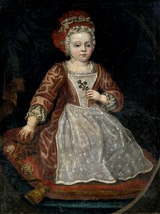 Bildnis eines kleinen Mädchens in rotem Kleid mit weißer Schürze 18 Jh