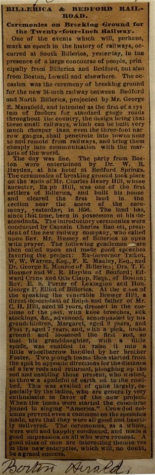 Billerica and Bedford Railroad. Boston Herald (1877). Newspaper clipping collected by George E. Mansfield