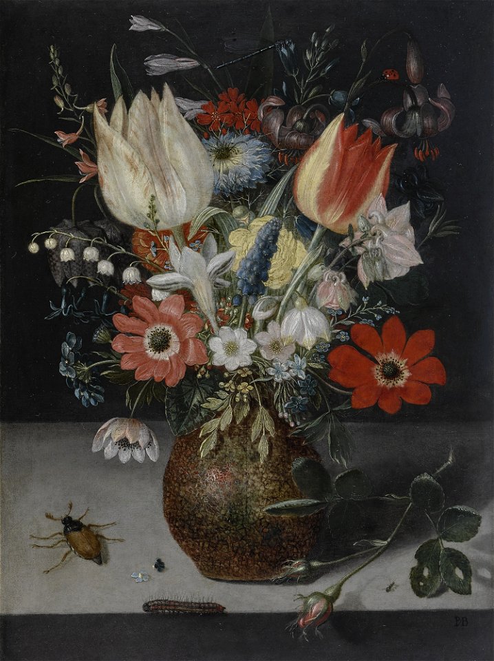 Peter Binoit - Still-life of flowers, insects and catapillar