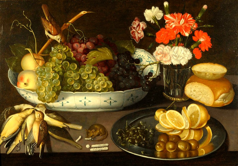 Peter Binoit - Still Life of Grapes and Peaches on a Porcelain Bowl