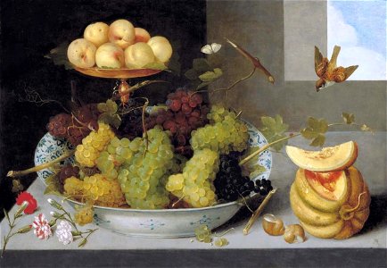 Peter Binoit - Grapes in a porcelain bowl with peaches on a gold tazza (1619)