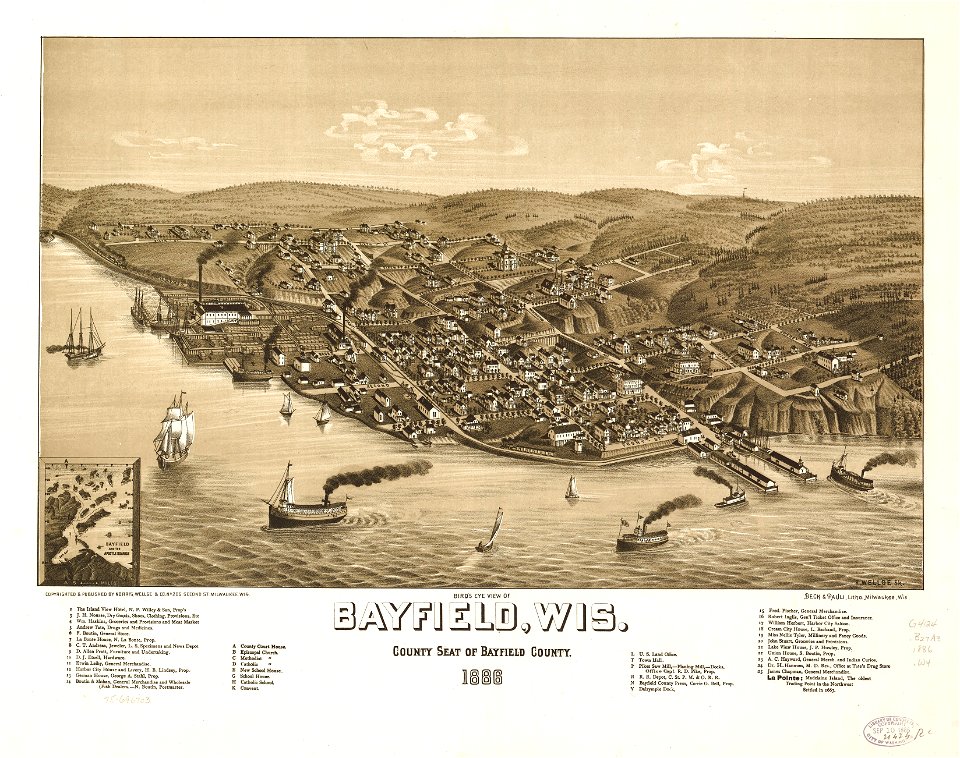 Bird's eye view of Bayfield, Wis., county seat of Bayfield County 1886. LOC 75696703