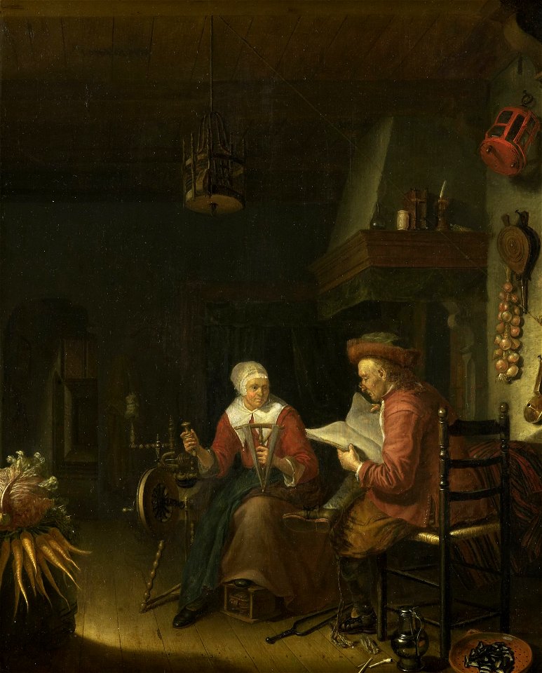 Binnenhuis met lezende man en haspelende vrouw Rijksmuseum SK-A-2341