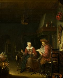 Binnenhuis met lezende man en haspelende vrouw Rijksmuseum SK-A-2341