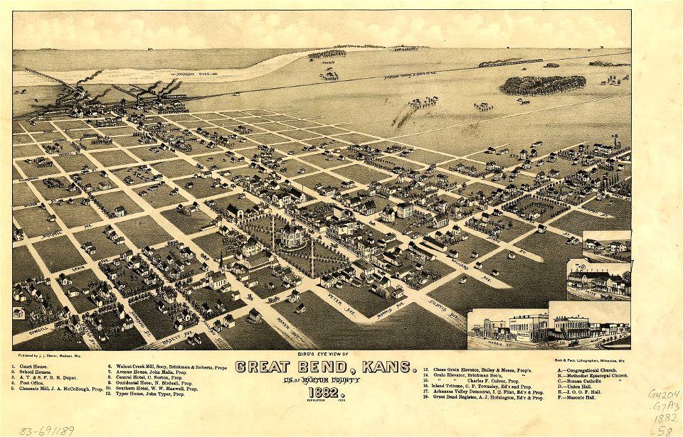 Bird's eye view of Great Bend, Kans. - c.s. of Barton County, 1882. LOC 83691189
