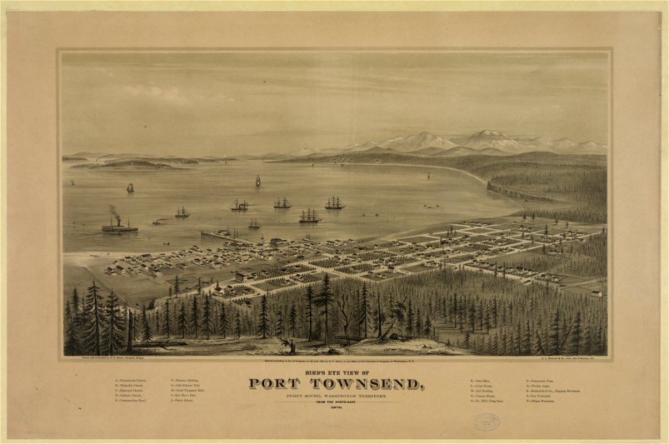 Bird's eye view of Port Townsend, Puget Sound, Washington Territory. From the north-east. 1878 - drawn and published by E.S. Glover, Portland, Oregon ; A.L. Bancroft & Co., lith., San LCCN2003679983