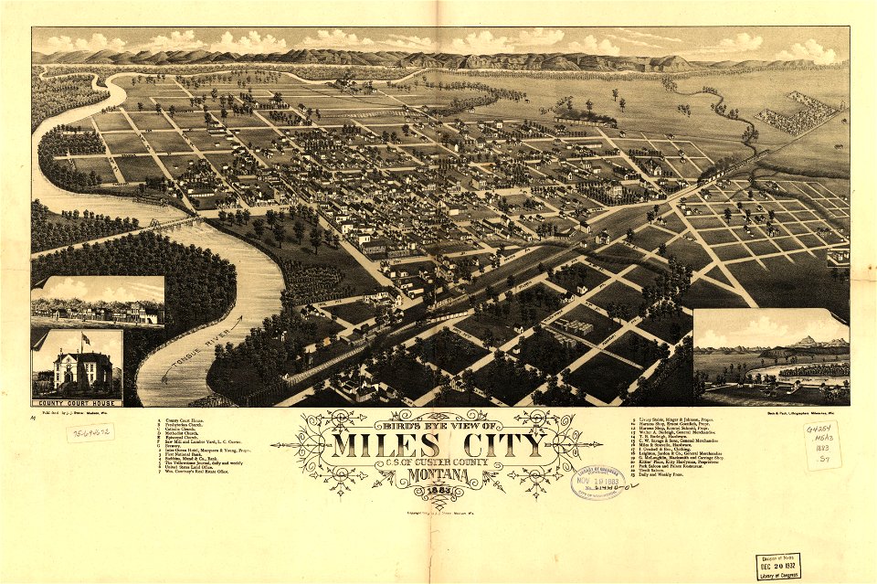 Bird's eye view of Miles City, c.s. of Custer County, Montana 1883. LOC 75694672