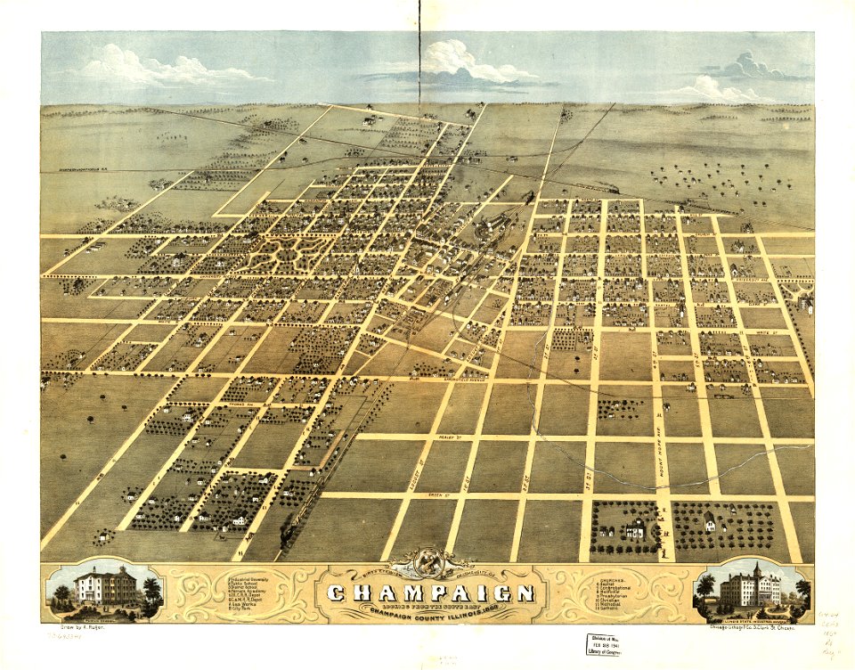 Bird's eye view of the city of Champaign, Champaign County, Illinois 1869. LOC 73693348