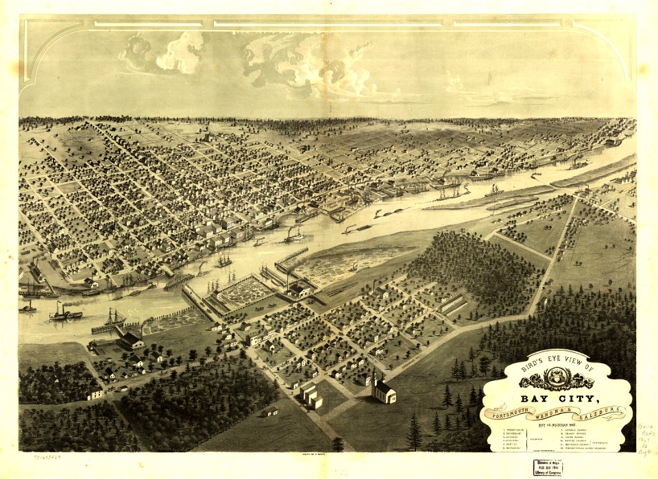Bird's eye view of Bay City, Portsmouth, Wenona & Salzburg, Bay Co., Michigan 1867. LOC 73693424