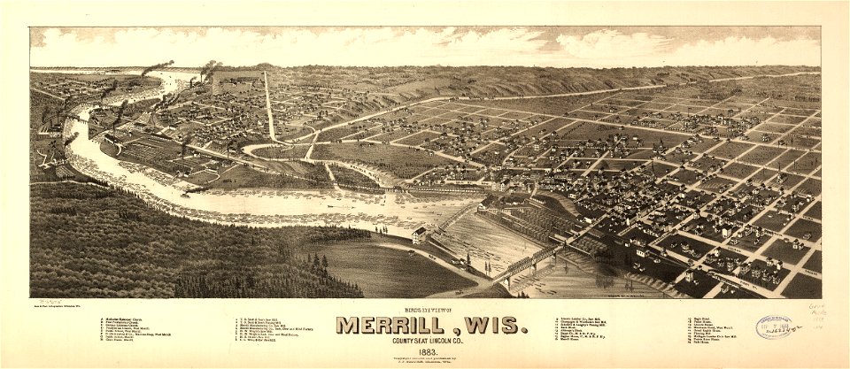 Bird's eye view of Merrill, Wis. county seat Lincoln Co. 1883. LOC 75696715