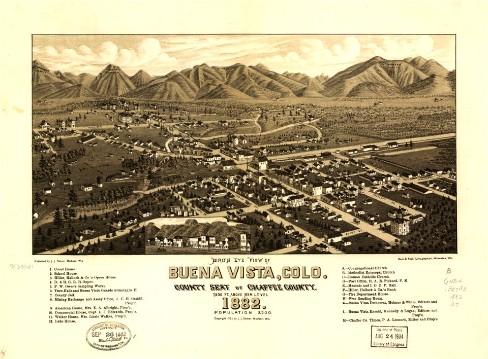 Bird's eye view of Buena Vista, Colo. county seat of Chaffee County. 1882. LOC 75693121
