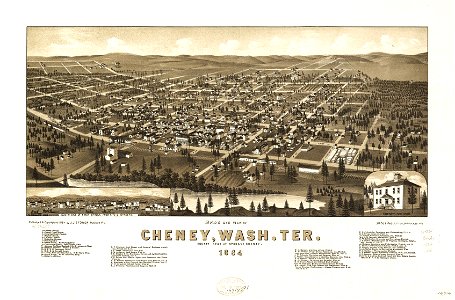 Bird's eye view of Cheney, Wash. Ter., county seat of Spokane County, 1884. LOC 75696655