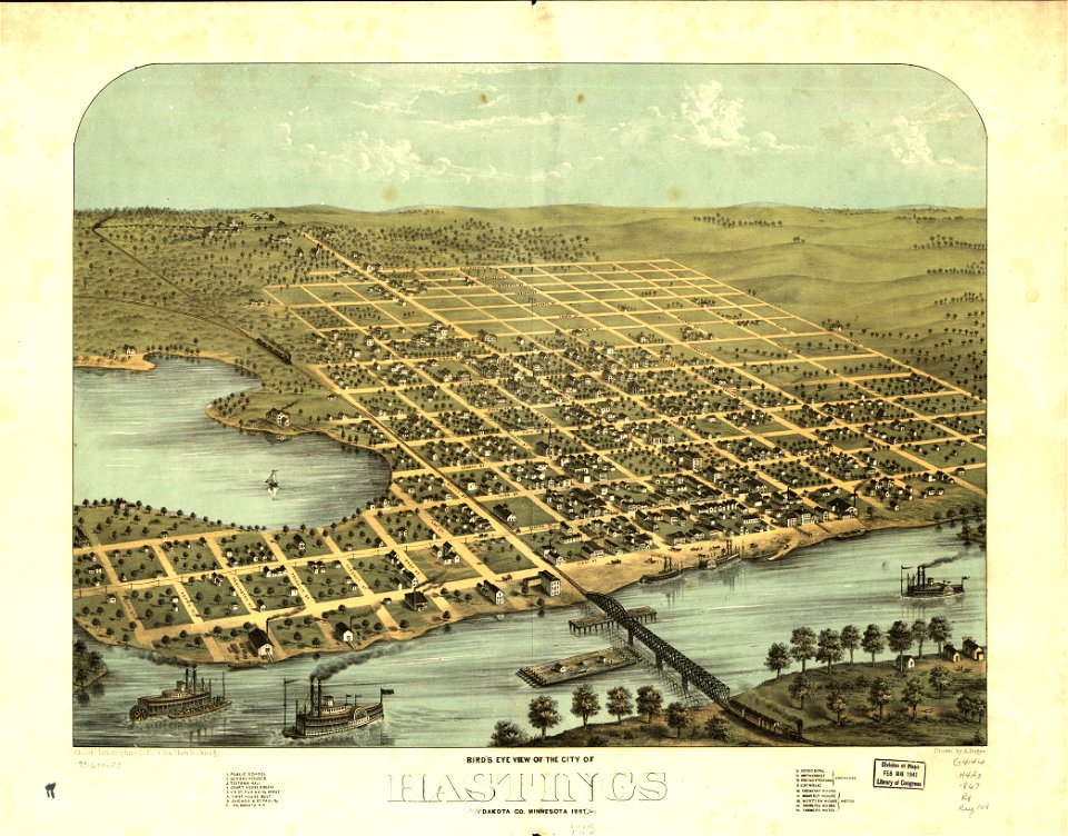 Bird's eye view of the city of Hastings, Dakota Co., Minnesota 1867. LOC 73693453