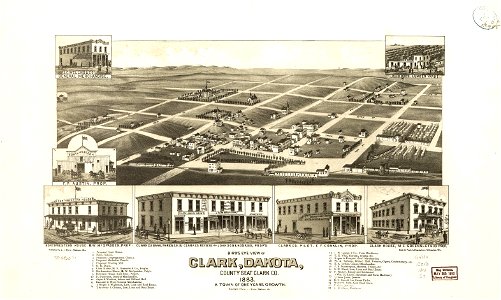 Bird's eye view of Clark, Dakota, county seat Clark Co. 1883. LOC 75696571