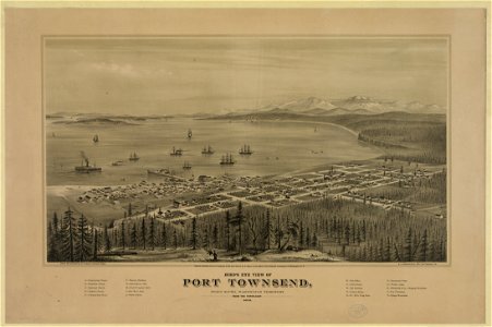 Bird's eye view of Port Townsend, Puget Sound, Washington Territory. From the north-east. 1878 - drawn and published by E.S. Glover, Portland, Oregon ; A.L. Bancroft & Co., lith., San LCCN2003679983. Free illustration for personal and commercial use.