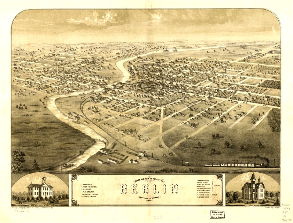 Bird's eye view of the city of Berlin, Green Lake Co., Wisconsin 1867. LOC 73694536