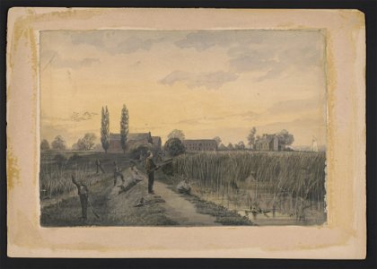 Bird hunting party, on a levee with marsh grasses along the shore) - Jas. F. Queen LCCN2016649108