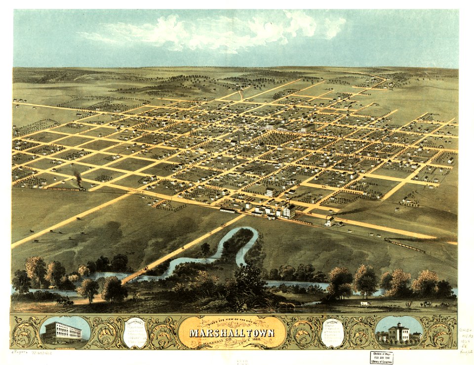 Bird's eye view of the city of Marshalltown, Marshall Co., Iowa 1868. LOC 73693402