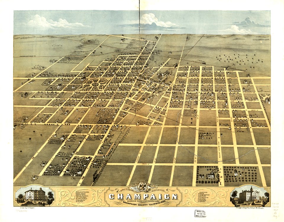 Bird's eye view of the city of Champaign, Champaign County, Illinois 1869. LOC 73693348