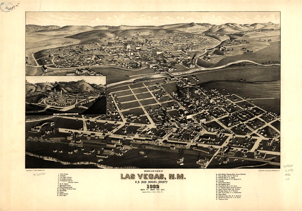 Bird's eye view of Las Vegas, N.M. c.s. San Miguel County 1882. LOC 75694741