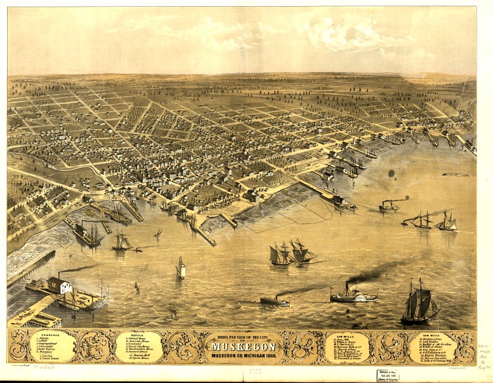 Bird's eye view of the city of Muskegon, Muskegon Co., Michigan 1868. LOC 73693439