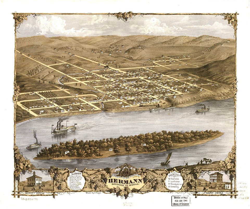 Bird's eye view of the city of Hermann, Gasconade Co., Missouri 1869. LOC 73693476