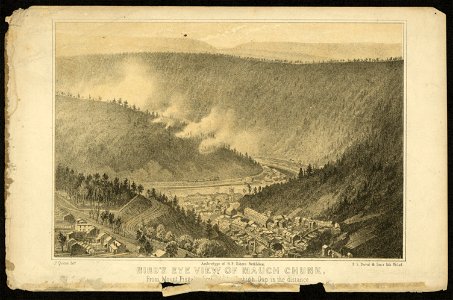 Bird's eye view of Mauch Chunk, from Mount Pisgah tow(ard Le)high Gap in the distance - Js. Queen delt. ; ambrotype of H. P. Osborn, Bethlehem. LCCN2009632625