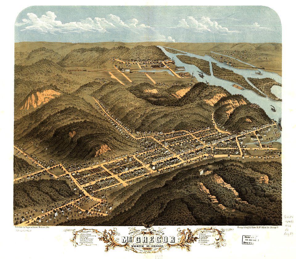 Bird's eye view of the city of McGregor and North McGregor, Clayton County, Iowa 1869. LOC 73693403