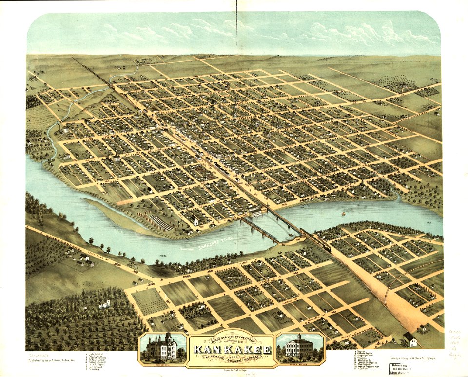Bird's eye view of the city of Kankakee, Kankakee County, Illinois 1869. LOC 73693358