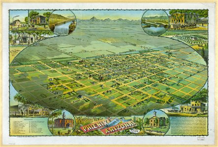 Bird's eye view of Phoenix Maricopa Co. Arizona, view looking north-east - sketched by C. J. Dyer, Phoenix, A.T. ; W. Byrnes, litho. S.F. LCCN2003666404