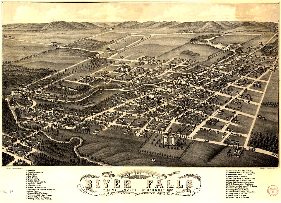 Bird's eye view of River Falls, Pierce County, Wisconsin, 1880. LOC 96680539
