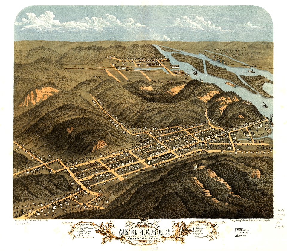 Bird's eye view of the city of McGregor and North McGregor, Clayton County, Iowa 1869. LOC 73693403