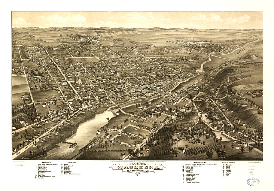 Bird's eye view of Waukesha, c.s. of Waukesha Co., Wis. 1880. LOC 75696726