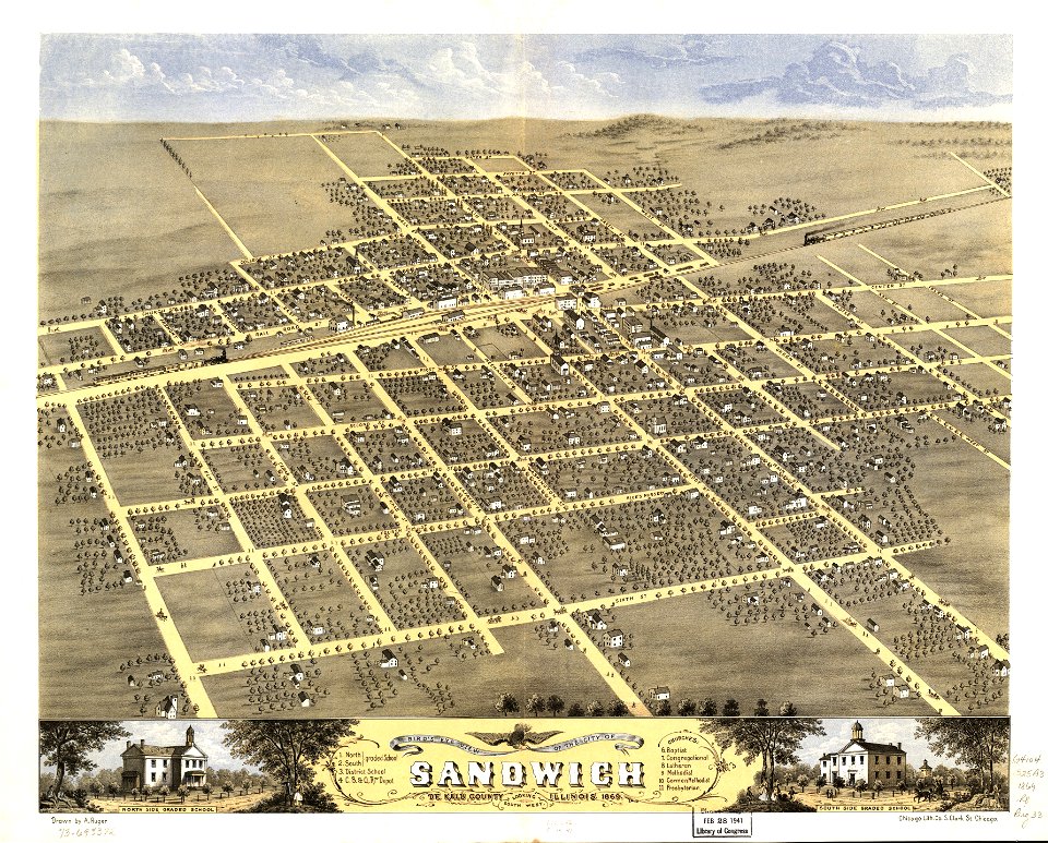 Bird's eye view of the city of Sandwich, De Kalb County, Illinois 1869. LOC 73693372