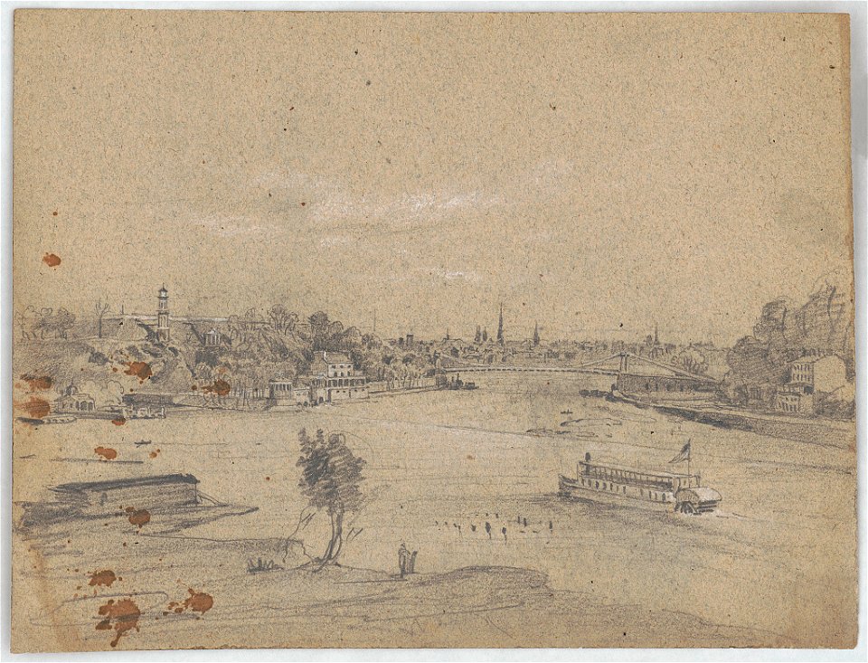 Bird's-eye view of the Fairmount Water Works from above the Schuylkill River, with a stern wheeler at lower right and a suspension bridge on right, in the distance, and Philadelphia in the LCCN2016648664