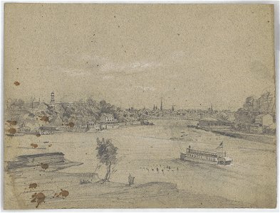 Bird's-eye view of the Fairmount Water Works from above the Schuylkill River, with a stern wheeler at lower right and a suspension bridge on right, in the distance, and Philadelphia in the LCCN2016648664