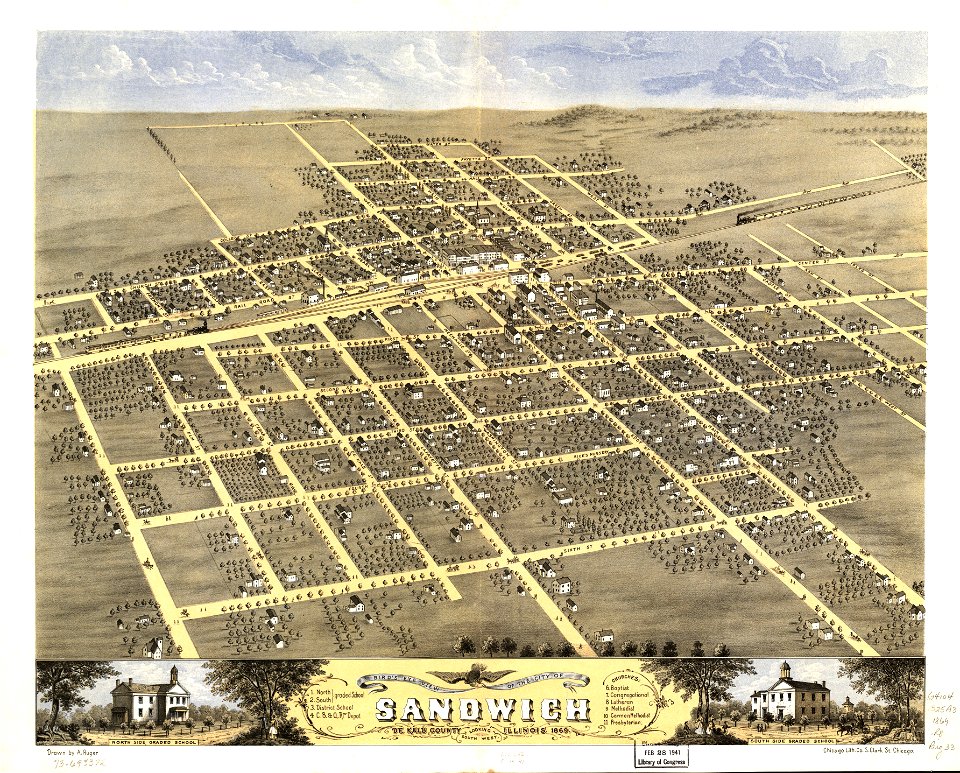 Bird's eye view of the city of Sandwich, De Kalb County, Illinois 1869. LOC 73693372