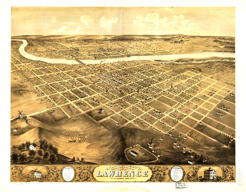 Bird's eye view of the city of Lawrence, Kansas 1869. LOC 73693409