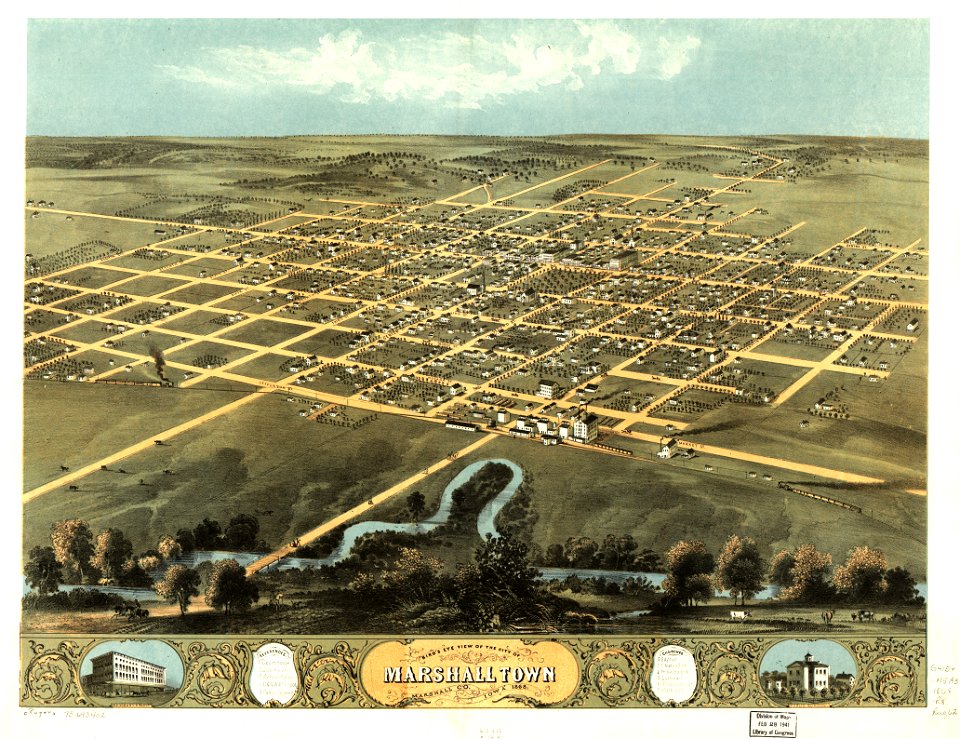 Bird's eye view of the city of Marshalltown, Marshall Co., Iowa 1868. LOC 73693402