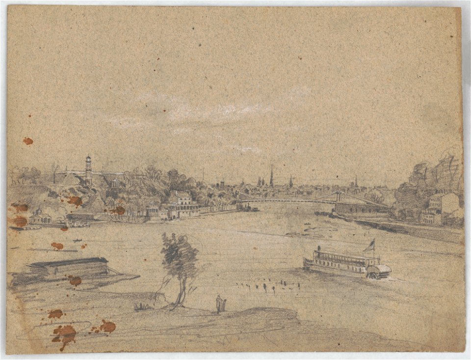 Bird's-eye view of the Fairmount Water Works from above the Schuylkill River, with a stern wheeler at lower right and a suspension bridge on right, in the distance, and Philadelphia in the LCCN2016648664