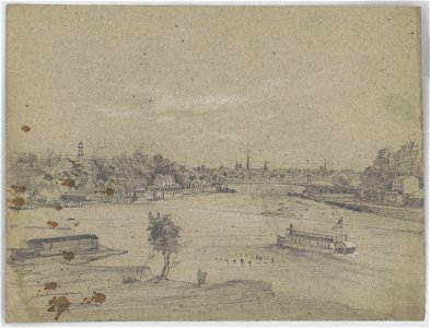 Bird's-eye view of the Fairmount Water Works from above the Schuylkill River, with a stern wheeler at lower right and a suspension bridge on right, in the distance, and Philadelphia in the LCCN2016648664