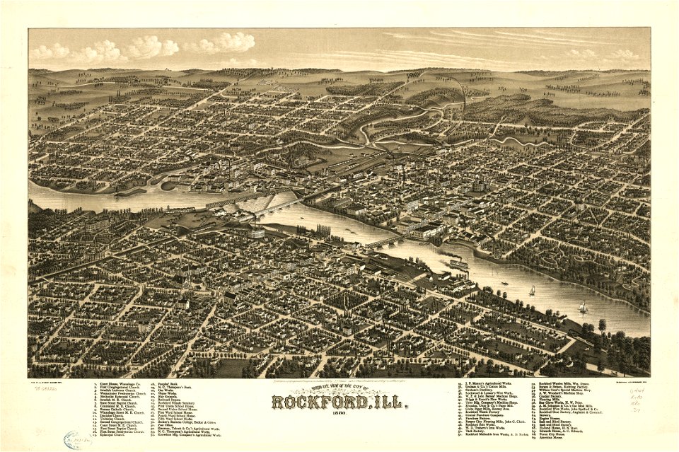 Bird's eye view of the city of Rockford, Ill. 1880. LOC 75693220